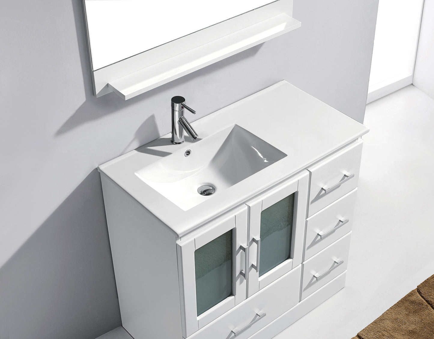 Virtu USA Zola 36" Single Bath Vanity with Slim White Ceramic Top and Square Sink with Brushed Nickel Faucet and Mirror - Luxe Bathroom Vanities Luxury Bathroom Fixtures Bathroom Furniture