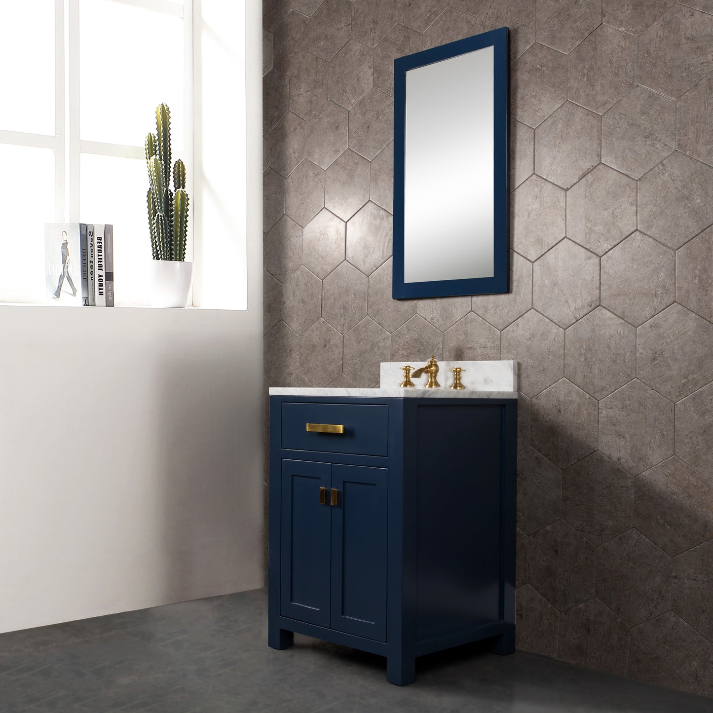 Water Creation Madison 24" Inch Single Sink Carrara White Marble Vanity In Monarch Blue with Matching Mirror - Luxe Bathroom Vanities