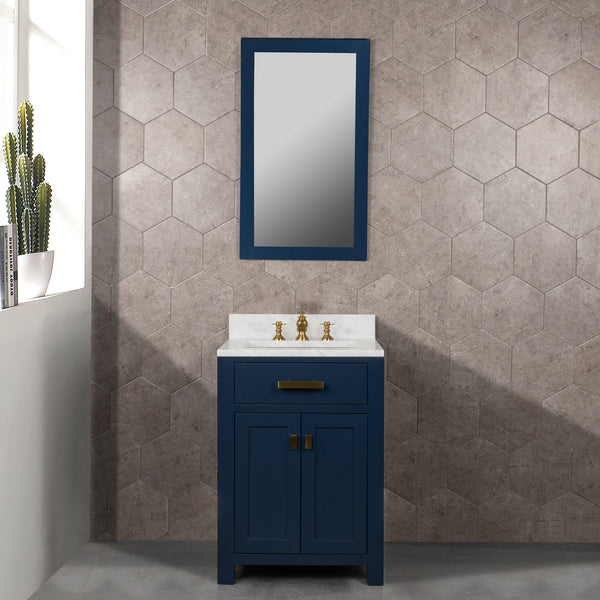 Water Creation Madison 24" Inch Single Sink Carrara White Marble Vanity In Monarch Blue with Matching Mirror and Lavatory Faucet - Luxe Bathroom Vanities