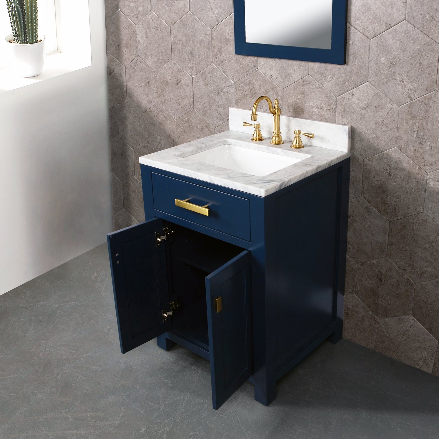 Water Creation Madison 24" Inch Single Sink Carrara White Marble Vanity In Monarch Blue with Matching Mirror and Lavatory Faucet - Luxe Bathroom Vanities