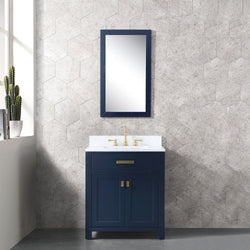 Water Creation Madison 30" Inch Single Sink Carrara White Marble Vanity In Monarch Blue with Matching Mirror - Luxe Bathroom Vanities