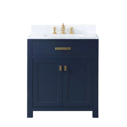 Water Creation Madison 30" Inch Single Sink Carrara White Marble Vanity In Monarch Blue with Lavatory Faucet - Luxe Bathroom Vanities
