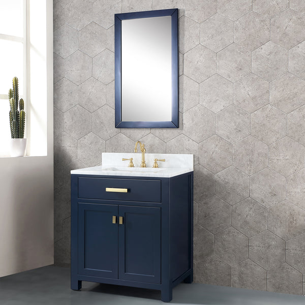 Water Creation Madison 30" Inch Single Sink Carrara White Marble Vanity In Monarch Blue with Lavatory Faucet - Luxe Bathroom Vanities