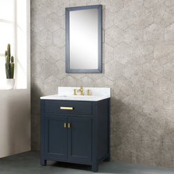 Water Creation Madison 30" Inch Single Sink Carrara White Marble Vanity In Monarch Blue with Matching Mirror and Lavatory Faucet - Luxe Bathroom Vanities