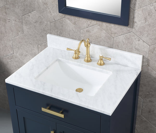Water Creation Madison 30" Inch Single Sink Carrara White Marble Vanity In Monarch Blue with Matching Mirror and Lavatory Faucet - Luxe Bathroom Vanities