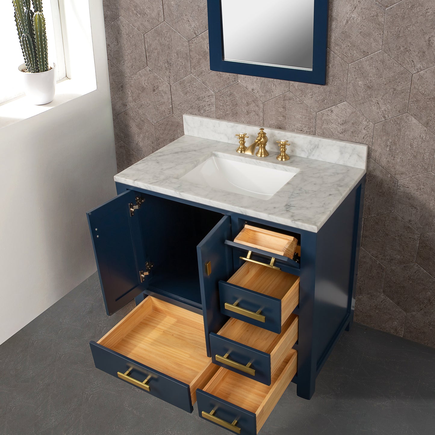 Water Creation Madison 36" Inch Single Sink Carrara White Marble Vanity In Monarch Blue - Luxe Bathroom Vanities