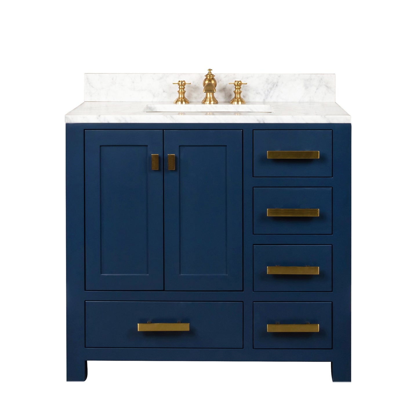 Water Creation Madison 36" Inch Single Sink Carrara White Marble Vanity In Monarch Blue with Lavatory Faucet - Luxe Bathroom Vanities