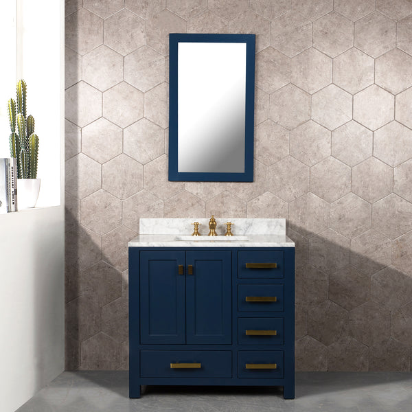 Water Creation Madison 36" Inch Single Sink Carrara White Marble Vanity In Monarch Blue with Lavatory Faucet - Luxe Bathroom Vanities