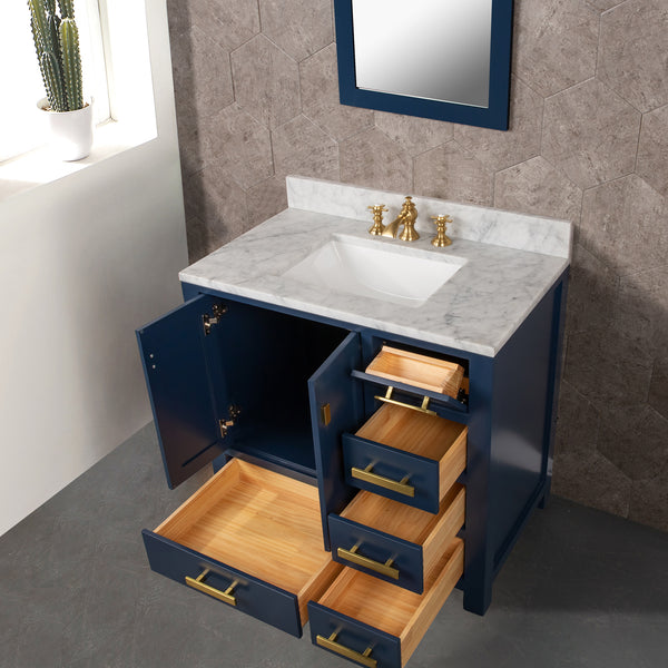 Water Creation Madison 36" Inch Single Sink Carrara White Marble Vanity In Monarch Blue with Lavatory Faucet - Luxe Bathroom Vanities