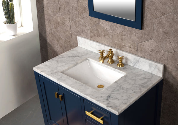 Water Creation Madison 36" Inch Single Sink Carrara White Marble Vanity In Monarch Blue with Lavatory Faucet - Luxe Bathroom Vanities