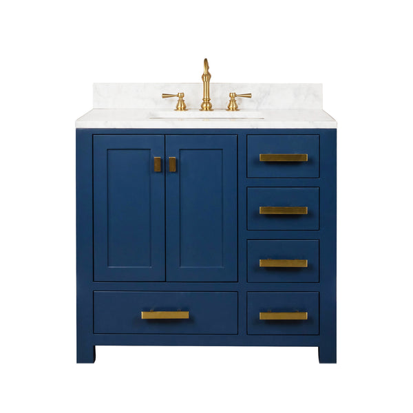 Water Creation Madison 36" Inch Single Sink Carrara White Marble Vanity In Monarch Blue with Lavatory Faucet - Luxe Bathroom Vanities