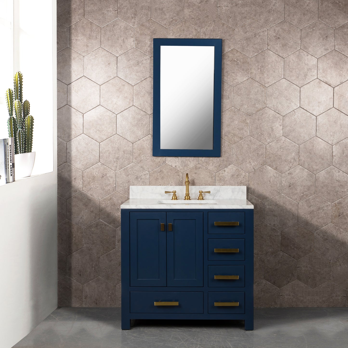 Water Creation Madison 36" Inch Single Sink Carrara White Marble Vanity In Monarch Blue with Lavatory Faucet - Luxe Bathroom Vanities