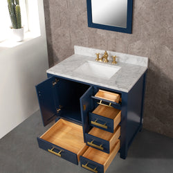 Water Creation Madison 36" Inch Single Sink Carrara White Marble Vanity In Monarch Blue with Matching Mirror - Luxe Bathroom Vanities