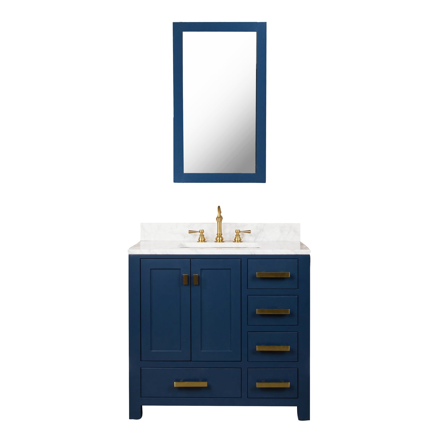 Water Creation Madison 36" Inch Single Sink Carrara White Marble Vanity In Monarch Blue with Matching Mirror and Lavatory Faucet - Luxe Bathroom Vanities