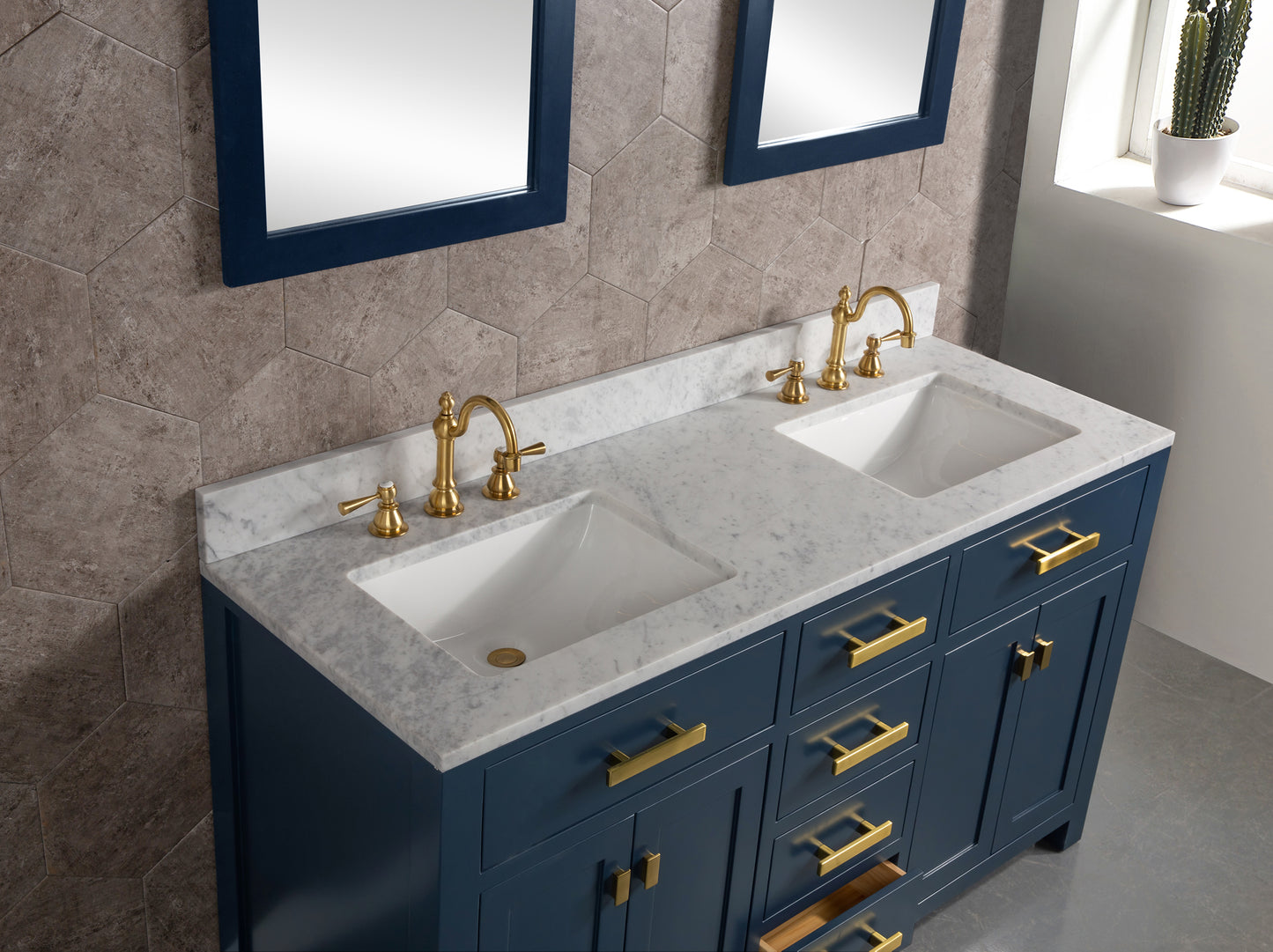 Water Creation Madison 60" Inch Double Sink Carrara White Marble Vanity In Monarch Blue - Luxe Bathroom Vanities