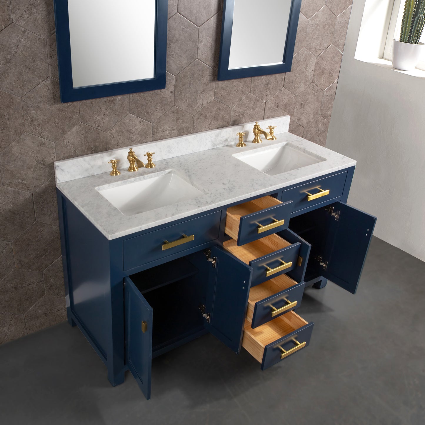 Water Creation Madison 60" Inch Double Sink Carrara White Marble Vanity In Monarch Blue with Lavatory Faucet - Luxe Bathroom Vanities
