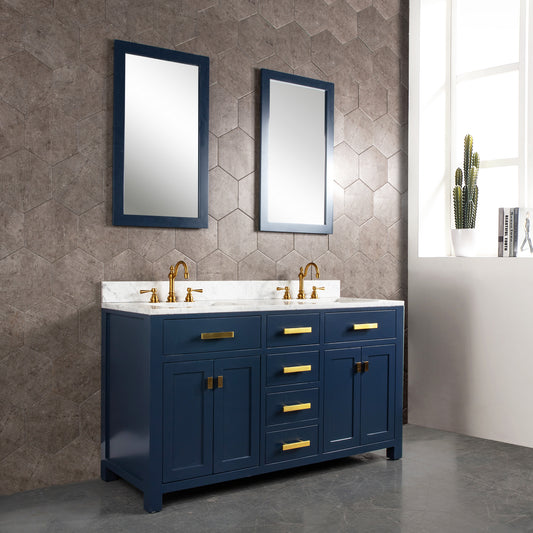 Water Creation Madison 60" Inch Double Sink Carrara White Marble Vanity In Monarch Blue with Lavatory Faucet - Luxe Bathroom Vanities