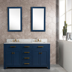 Water Creation Madison 60" Inch Double Sink Carrara White Marble Vanity In Monarch Blue with Matching Mirror - Luxe Bathroom Vanities