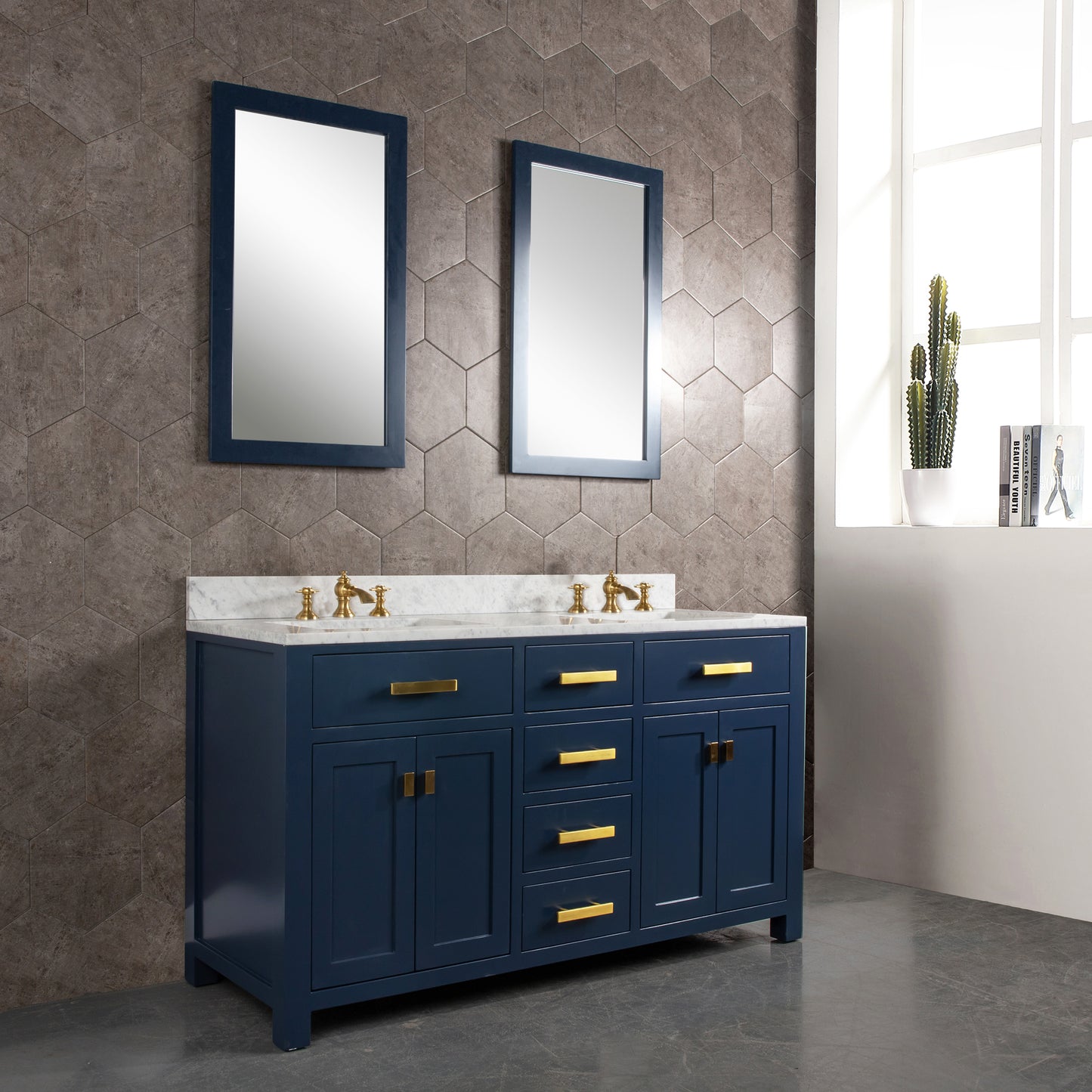 Water Creation Madison 60" Inch Double Sink Carrara White Marble Vanity In Monarch Blue with Matching Mirror - Luxe Bathroom Vanities