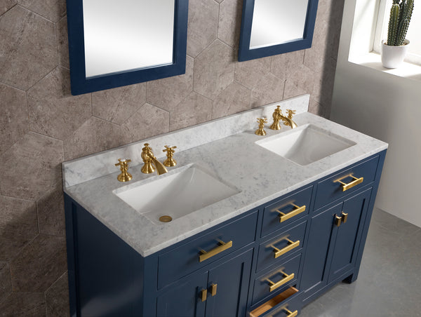 Water Creation Madison 60" Inch Double Sink Carrara White Marble Vanity In Monarch Blue with Matching Mirror and Lavatory Faucet - Luxe Bathroom Vanities