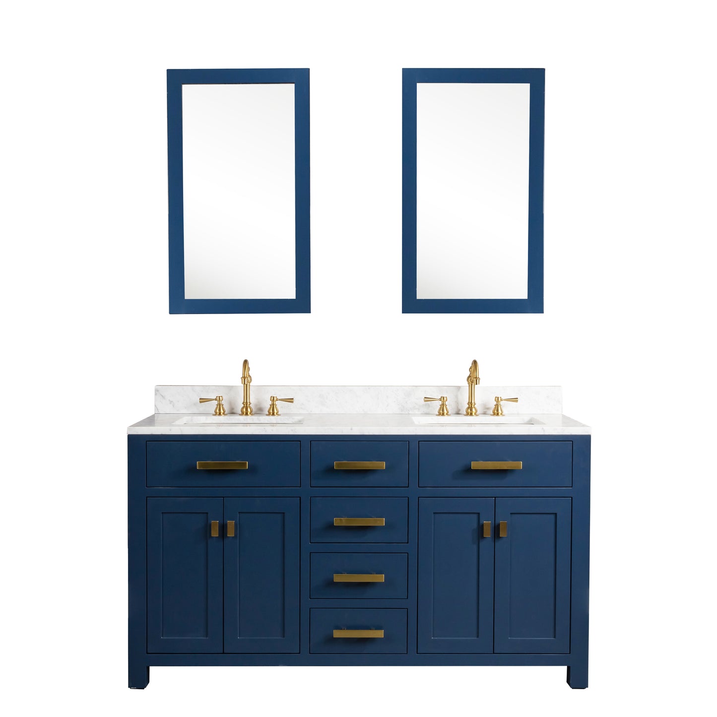 Water Creation Madison 60" Inch Double Sink Carrara White Marble Vanity In Monarch Blue with Matching Mirror and Lavatory Faucet - Luxe Bathroom Vanities