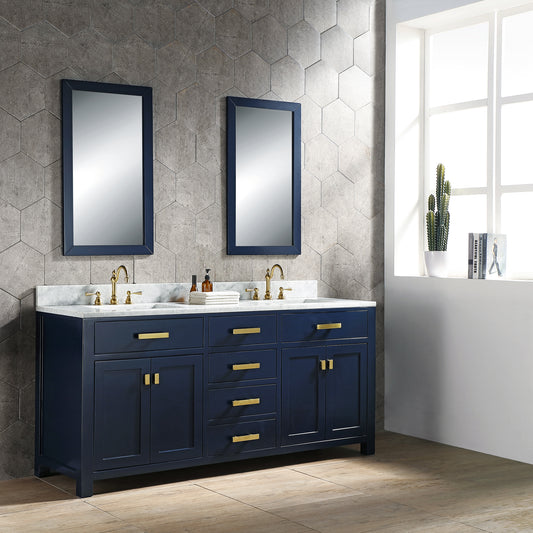 Water Creation Madison 72" Inch Double Sink Carrara White Marble Vanity In Monarch Blue - Luxe Bathroom Vanities