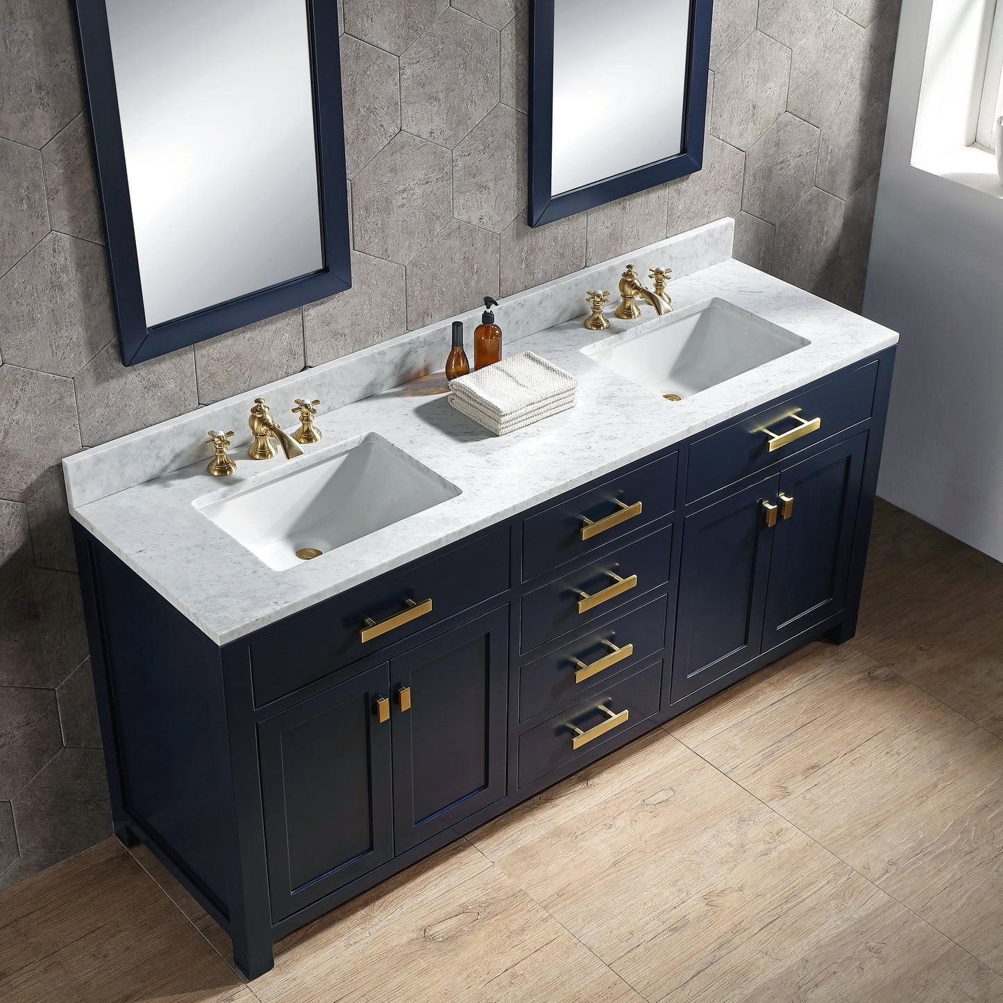Water Creation Madison 72" Inch Double Sink Carrara White Marble Vanity In Monarch Blue with Lavatory Faucet - Luxe Bathroom Vanities