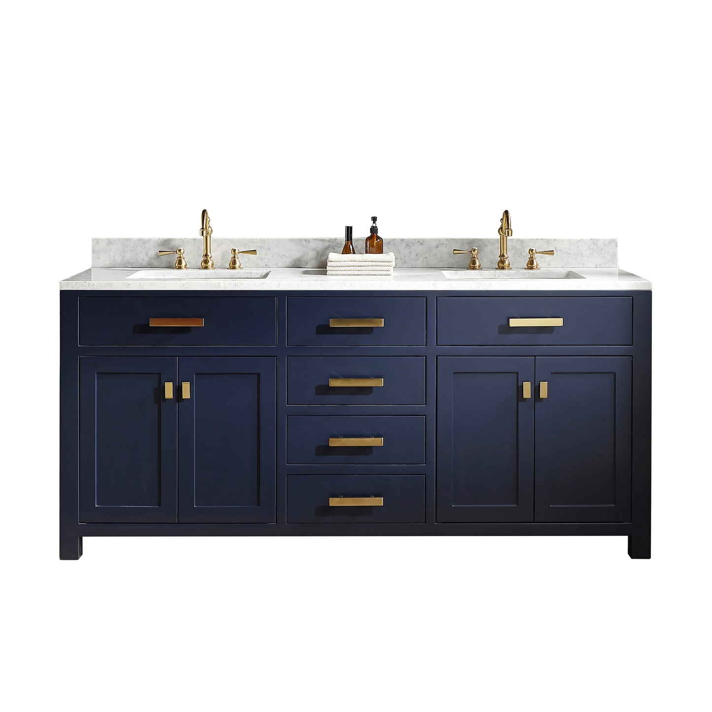 Water Creation Madison 72" Inch Double Sink Carrara White Marble Vanity In Monarch Blue with Lavatory Faucet - Luxe Bathroom Vanities