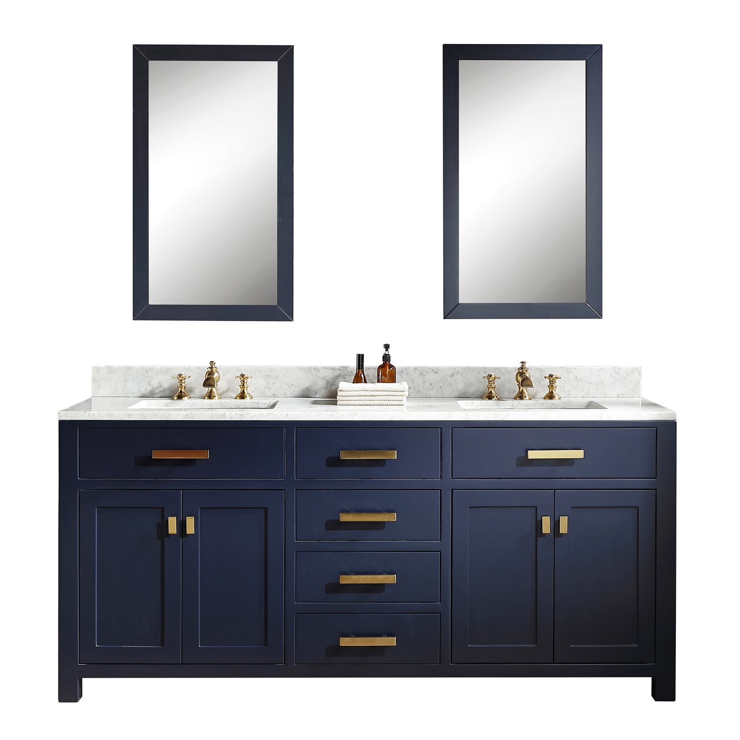 Water Creation Madison 72" Inch Double Sink Carrara White Marble Vanity In Monarch Blue with Matching Mirror - Luxe Bathroom Vanities