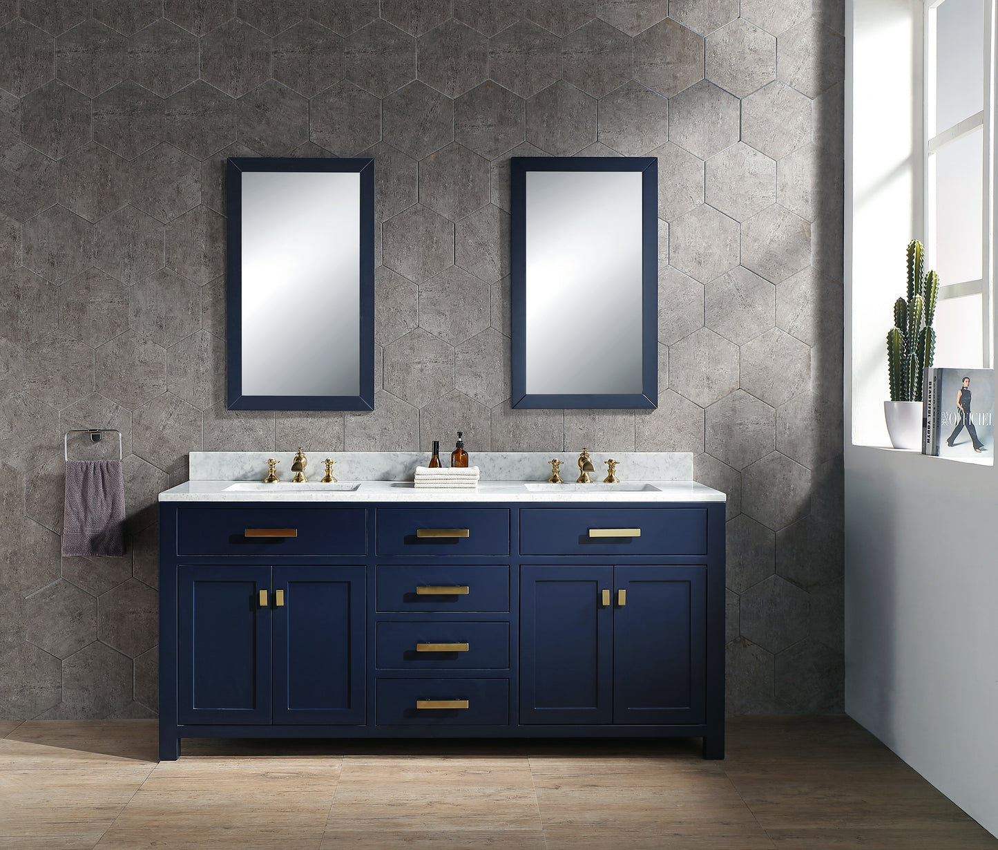 Water Creation Madison 72" Inch Double Sink Carrara White Marble Vanity In Monarch Blue with Matching Mirror - Luxe Bathroom Vanities