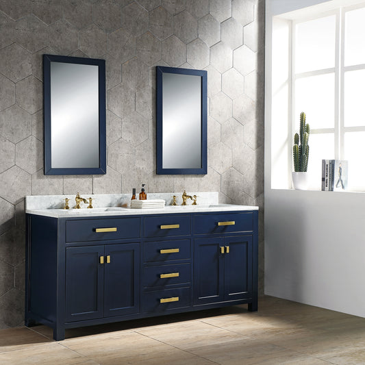 Water Creation Madison 72" Inch Double Sink Carrara White Marble Vanity In Monarch Blue with Matching Mirror - Luxe Bathroom Vanities