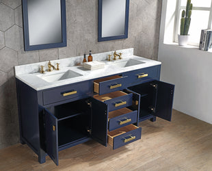Water Creation Madison 72" Inch Double Sink Carrara White Marble Vanity In Monarch Blue with Matching Mirror - Luxe Bathroom Vanities