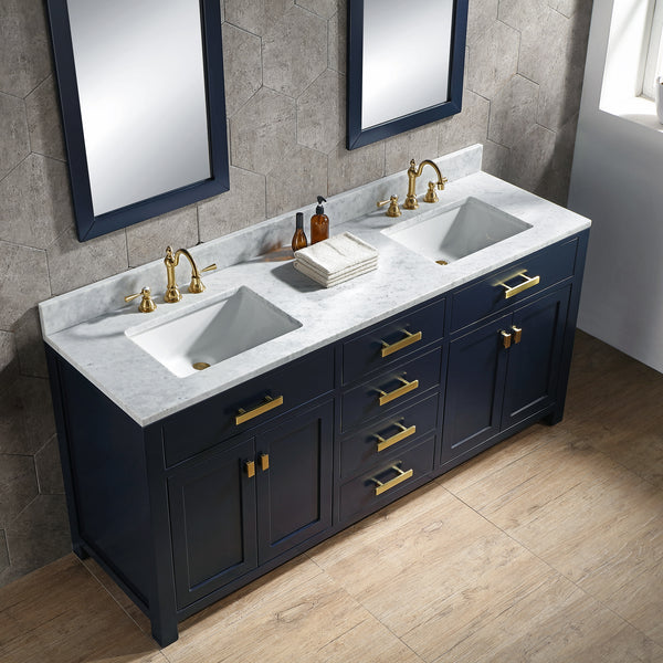 Water Creation Madison 72" Inch Double Sink Carrara White Marble Vanity In Monarch Blue with Matching Mirror and Lavatory Faucet - Luxe Bathroom Vanities