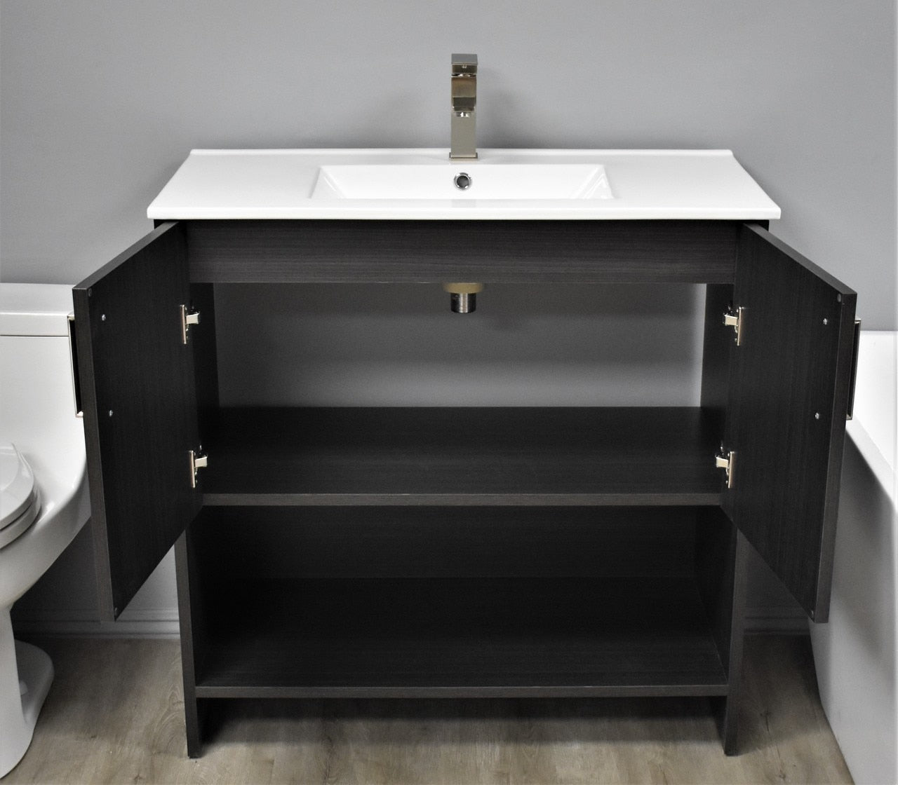 Volpa Pacific 36" Modern Bathroom Vanity with Integrated Ceramic Top and Brushed Nickel Round Handles - Luxe Bathroom Vanities Luxury Bathroom Fixtures Bathroom Furniture