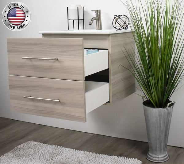 Volpa Napa 24" Modern Wall-Mounted Floating Bathroom Vanity with Ceramic Top and Round Handles - Luxe Bathroom Vanities Luxury Bathroom Fixtures Bathroom Furniture