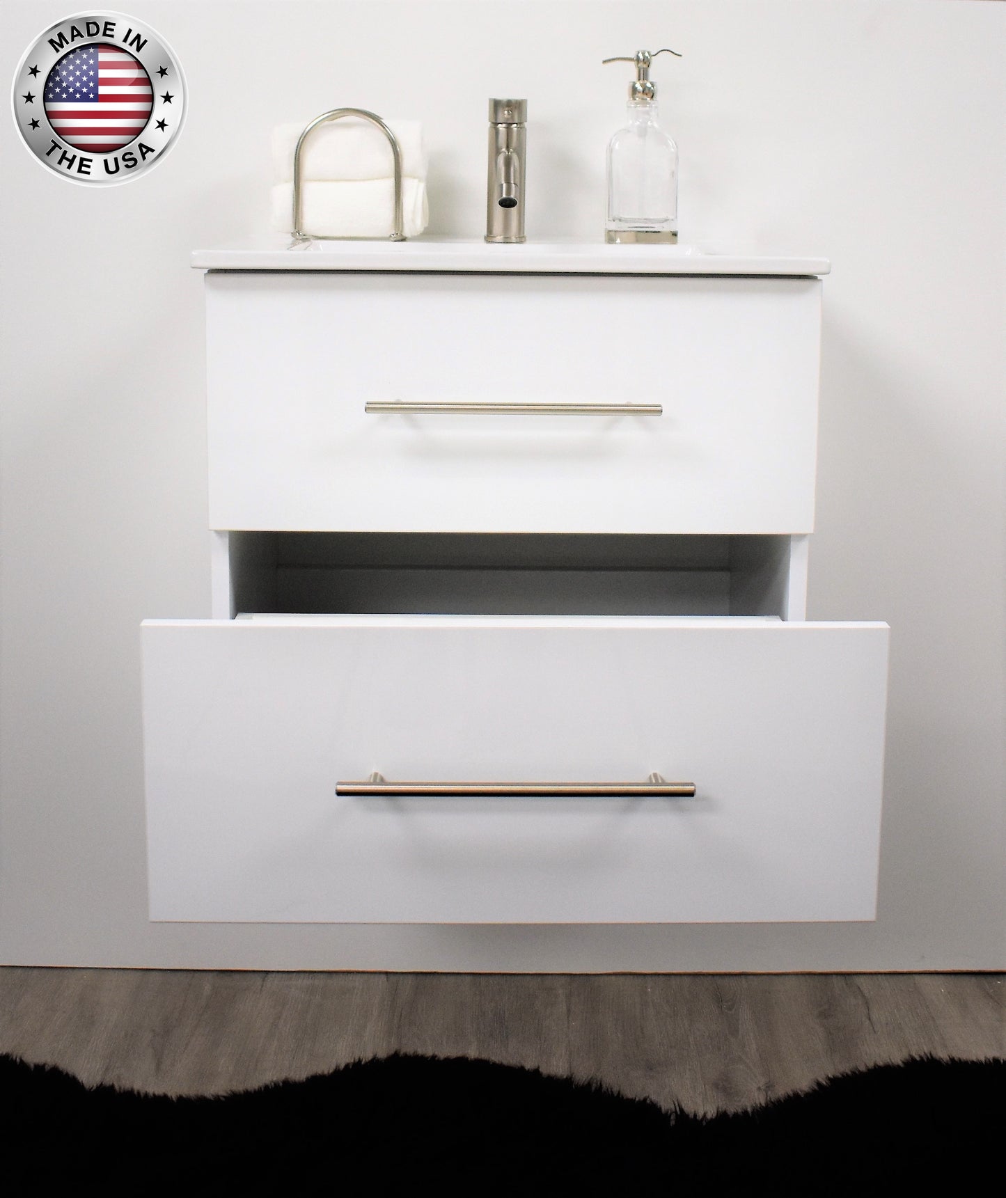 Volpa Napa 24" Modern Wall-Mounted Floating Bathroom Vanity with Ceramic Top and Round Handles - Luxe Bathroom Vanities Luxury Bathroom Fixtures Bathroom Furniture