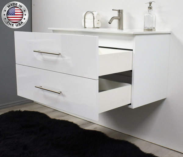 Volpa Napa 36" Modern Wall-Mounted Floating Bathroom Vanity with Ceramic Top and Round Handles - Luxe Bathroom Vanities Luxury Bathroom Fixtures Bathroom Furniture