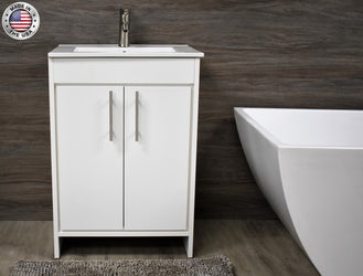 Volpa Villa 24" Modern Bathroom Vanity with Integrated Ceramic Top and Brushed Nickel Round Handles - Luxe Bathroom Vanities Luxury Bathroom Fixtures Bathroom Furniture