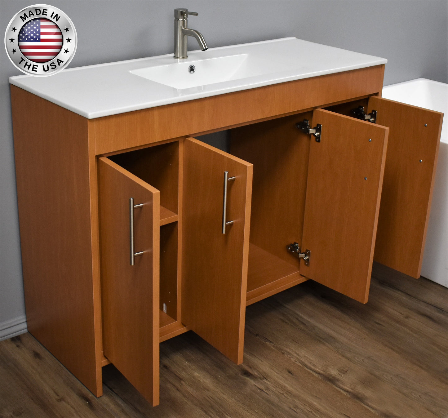 Volpa  Villa 48" Modern Bathroom Vanity with Integrated Ceramic Top and Brushed Nickel Round Handles - Luxe Bathroom Vanities Luxury Bathroom Fixtures Bathroom Furniture
