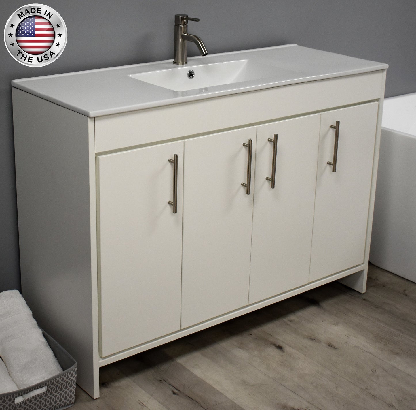 Volpa  Villa 48" Modern Bathroom Vanity with Integrated Ceramic Top and Brushed Nickel Round Handles - Luxe Bathroom Vanities Luxury Bathroom Fixtures Bathroom Furniture