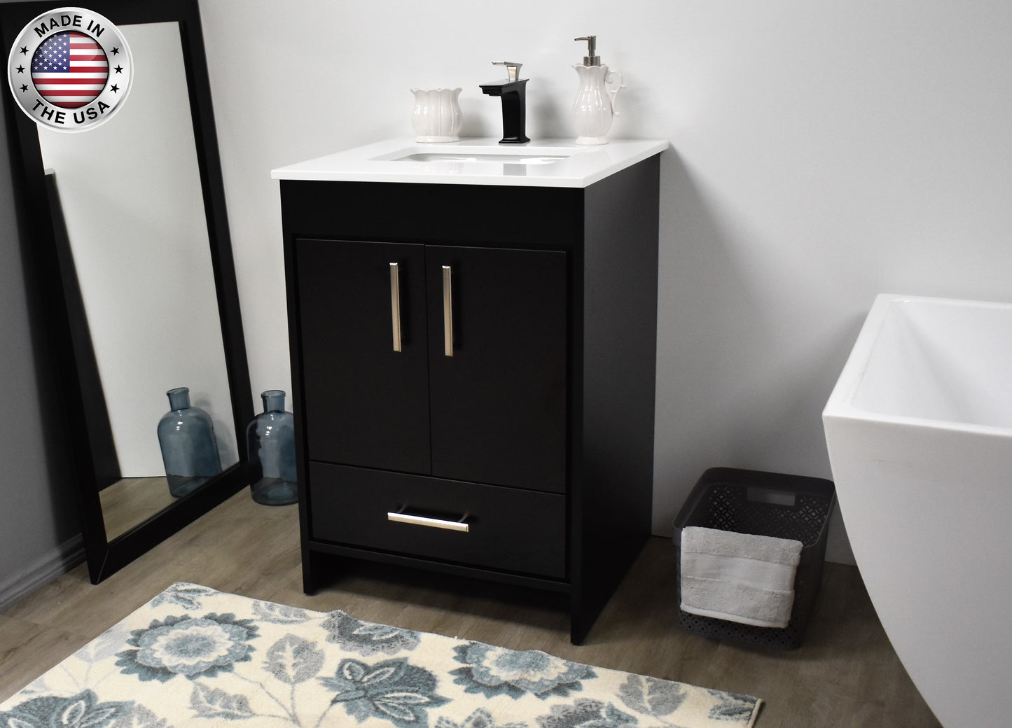 Volpa Capri 24" Modern Bathroom Vanity in Black with White Microstone Top w/ Preinstalled Undermount Sink and Brushed Nickel Edge Handles - Luxe Bathroom Vanities