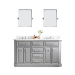 Water Creation Palace 60" Quartz Carrara Bathroom Vanity Set with Hardware and Faucets and Mirror in Chrome Finish - Luxe Bathroom Vanities