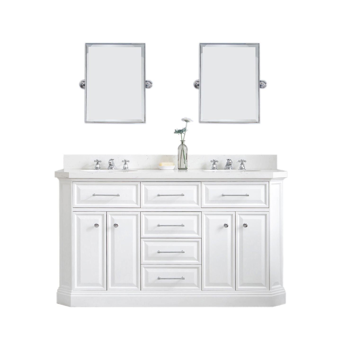 Water Creation Palace 60" Quartz Carrara Bathroom Vanity Set with Hardware and Faucets and Mirror in Chrome Finish - Luxe Bathroom Vanities