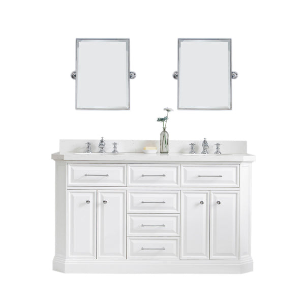 Water Creation Palace 60" Quartz Carrara Bathroom Vanity Set with Hardware and Faucets and Mirror in Chrome Finish - Luxe Bathroom Vanities