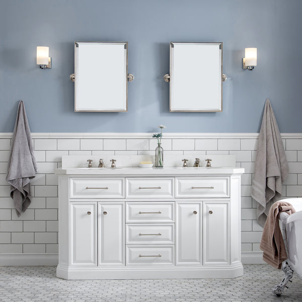 Water Creation Palace 60" Quartz Carrara Bathroom Vanity Set with Hardware and Faucets and Mirror in Polished Nickel (PVD) Finish - Luxe Bathroom Vanities