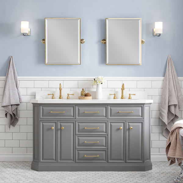 Water Creation Palace 60" Quartz Carrara Bathroom Vanity Set with Hardware and Faucets in Satin Gold Finish And Only Mirrors in Chrome Finish - Luxe Bathroom Vanities
