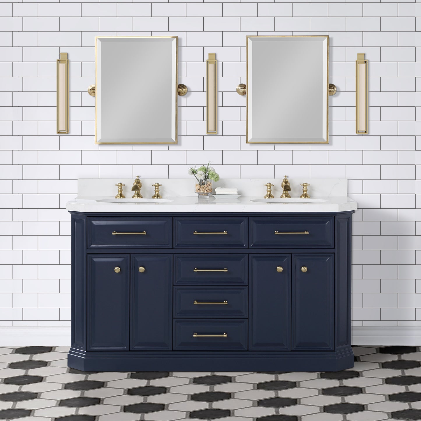 Water Creation Palace 60" Inch Double Sink White Quartz Countertop Vanity in Monarch Blue with Waterfall Faucets - Luxe Bathroom Vanities