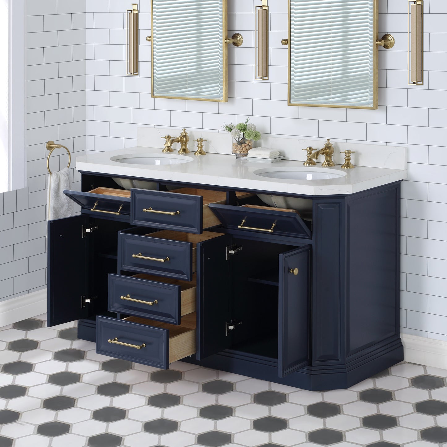 Water Creation Palace 60" Inch Double Sink White Quartz Countertop Vanity in Monarch Blue with Waterfall Faucets - Luxe Bathroom Vanities