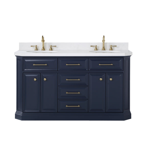 Water Creation Palace 60" Inch Double Sink White Quartz Countertop Vanity in Monarch Blue with Hook Faucets - Luxe Bathroom Vanities