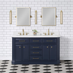 Water Creation Palace 60" Inch Double Sink White Quartz Countertop Vanity in Monarch Blue with Hook Faucets - Luxe Bathroom Vanities